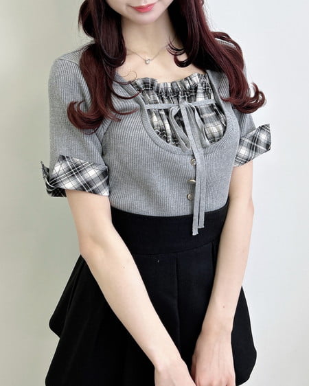 チェックシャツレイヤード風半袖ニット