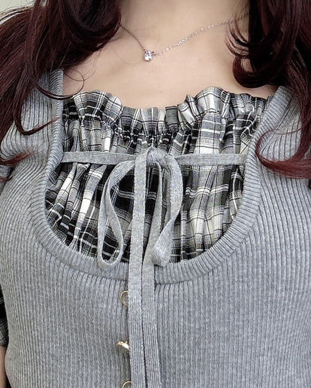 INGNI(イング) チェックシャツレイヤード風半袖ニット グレー/クロチェック