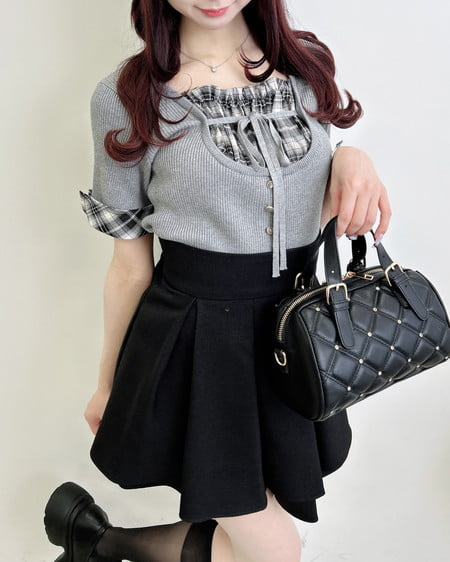 INGNI(イング) チェックシャツレイヤード風半袖ニット グレー/クロチェック