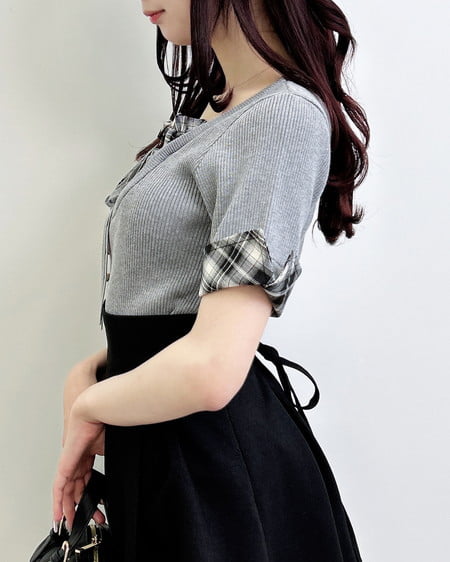 INGNI(イング) チェックシャツレイヤード風半袖ニット グレー/クロチェック