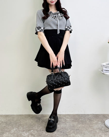 INGNI(イング) チェックシャツレイヤード風半袖ニット グレー/クロチェック