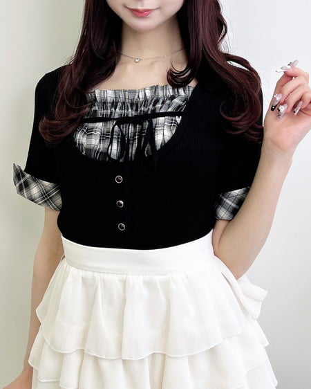 チェックシャツレイヤード風半袖ニット