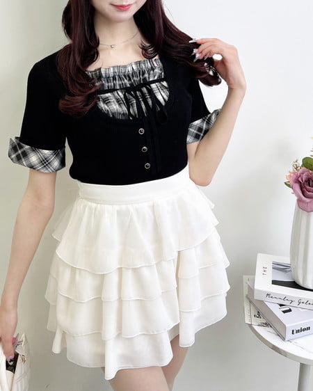 INGNI（イング） チェックシャツレイヤード風半袖ニット ｸﾛ/ｸﾛﾁｪｯｸ