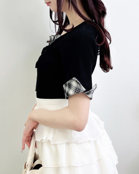 INGNI（イング） チェックシャツレイヤード風半袖ニット ｸﾛ/ｸﾛﾁｪｯｸ