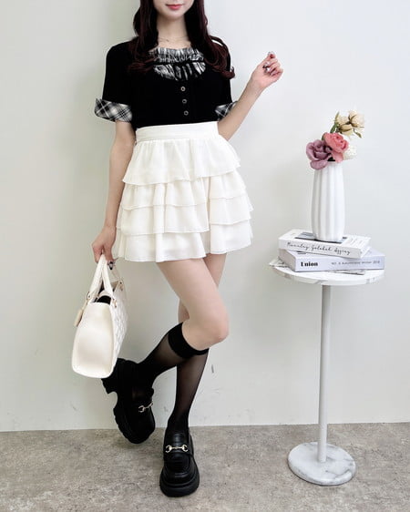 INGNI（イング） チェックシャツレイヤード風半袖ニット ｸﾛ/ｸﾛﾁｪｯｸ