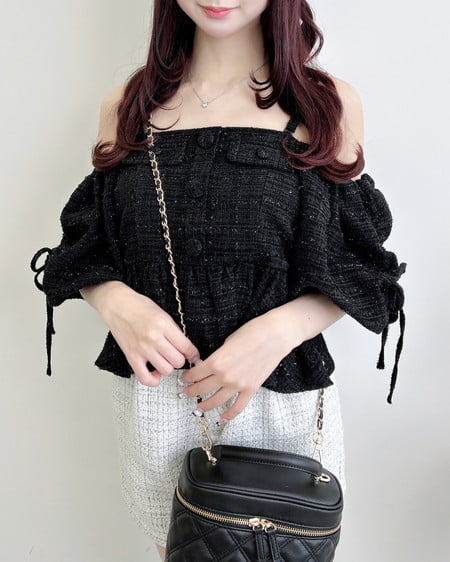 INGNI（イング） ツイードペプラムオフショルブラウス ｸﾛ