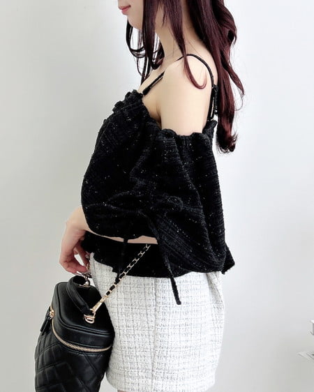 INGNI（イング） ツイードペプラムオフショルブラウス ｸﾛ