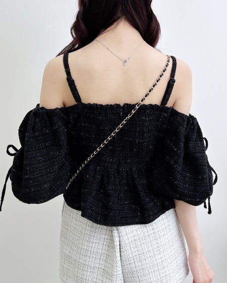 INGNI（イング） ツイードペプラムオフショルブラウス ｸﾛ