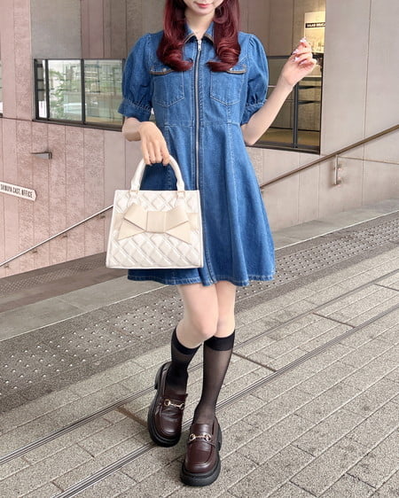 INGNI(イング) 合皮切替デニムミニワンピース ブルー/ブラウン