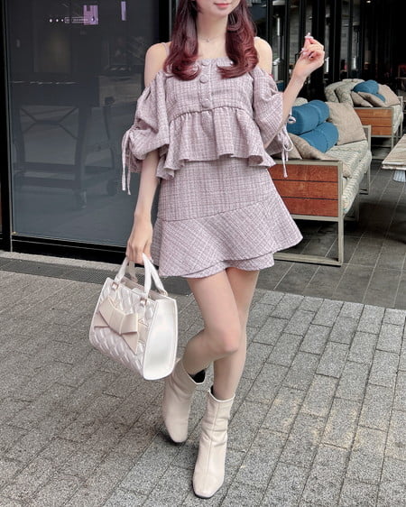 INGNI(イング) アシメ切替ツイードミニスカパン ピンク/ツイード