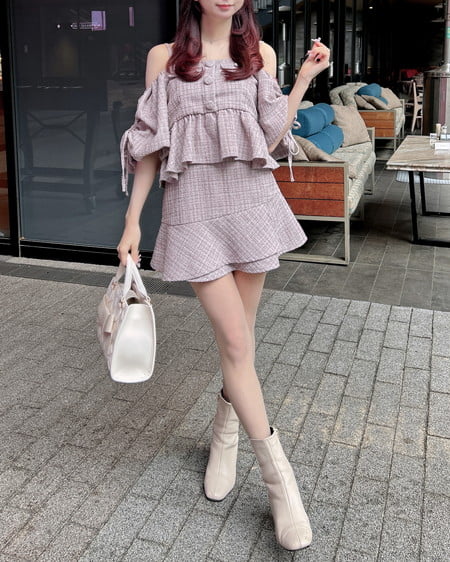 INGNI(イング) アシメ切替ツイードミニスカパン ピンク/ツイード