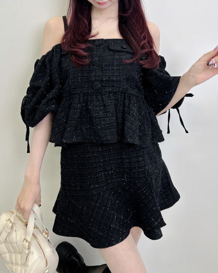 INGNI（イング） アシメ切替ツイードミニスカパン ｸﾛ/ﾂｲｰﾄﾞ