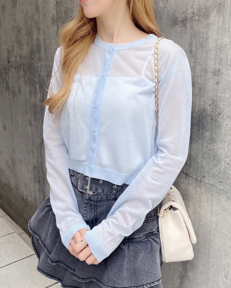 INGNI（イング） 胸ロゴシアーニットカーディガン ｻｯｸｽ/ｵﾌﾎﾜｲﾄ