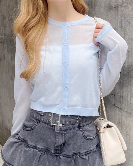 INGNI（イング） 胸ロゴシアーニットカーディガン ｻｯｸｽ/ｵﾌﾎﾜｲﾄ