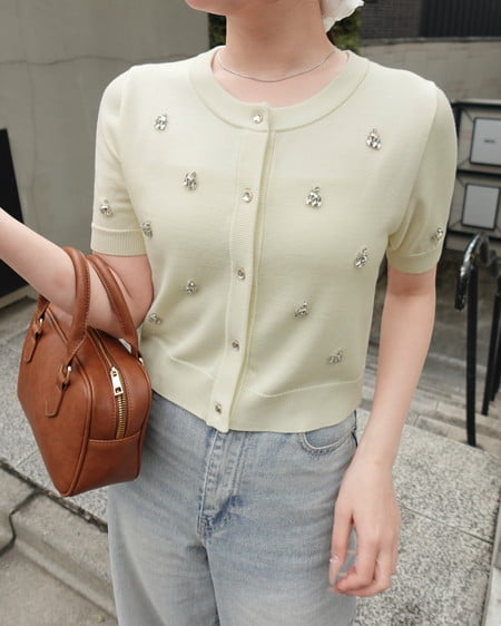 ビジュー装飾半袖ニットカーディガン