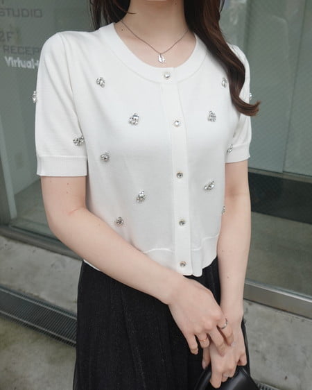 INGNI（イング） ビジュー装飾半袖ニットカーディガン ｵﾌﾎﾜｲﾄ