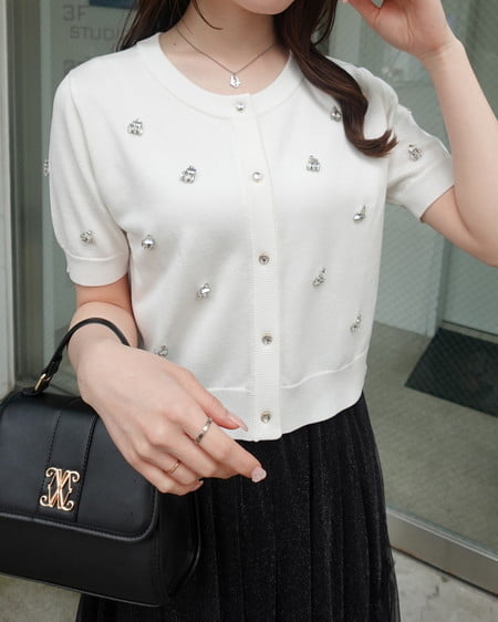 INGNI（イング） ビジュー装飾半袖ニットカーディガン ｵﾌﾎﾜｲﾄ