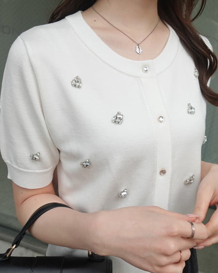 INGNI（イング） ビジュー装飾半袖ニットカーディガン ｵﾌﾎﾜｲﾄ