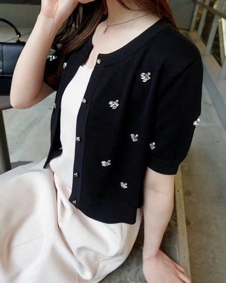 INGNI（イング） ビジュー装飾半袖ニットカーディガン ｸﾛ