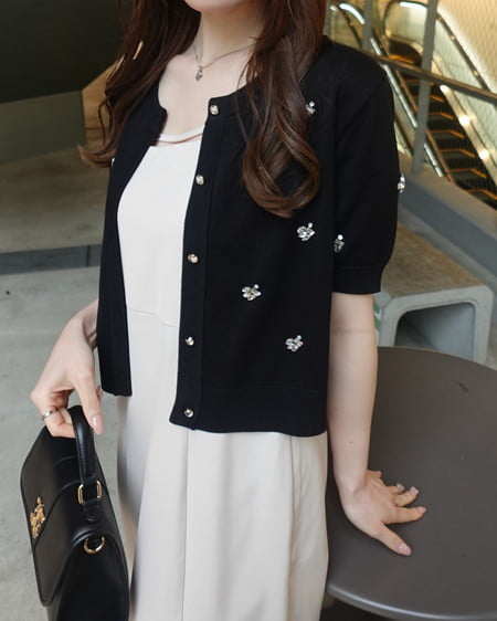 INGNI（イング） ビジュー装飾半袖ニットカーディガン ｸﾛ