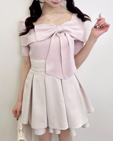 INGNI（イング） リボンオフショル半袖ニット ﾋﾟﾝｸ