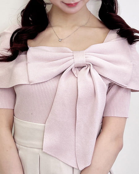 INGNI（イング） リボンオフショル半袖ニット ﾋﾟﾝｸ