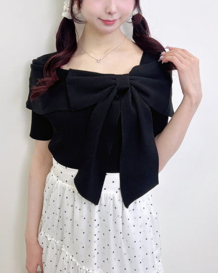 INGNI（イング） リボンオフショル半袖ニット ｸﾛ