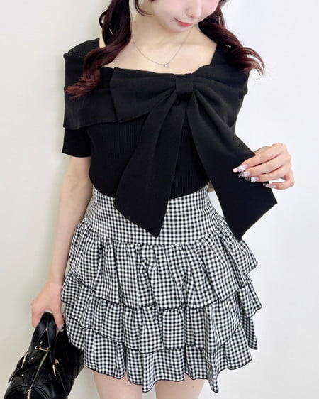 INGNI（イング） リボンオフショル半袖ニット ｸﾛ