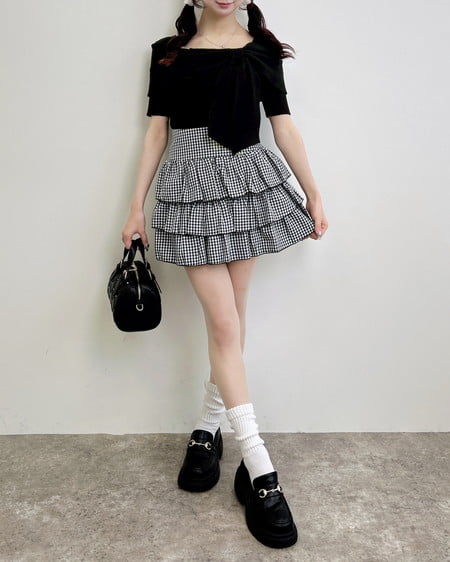 INGNI（イング） リボンオフショル半袖ニット ｸﾛ