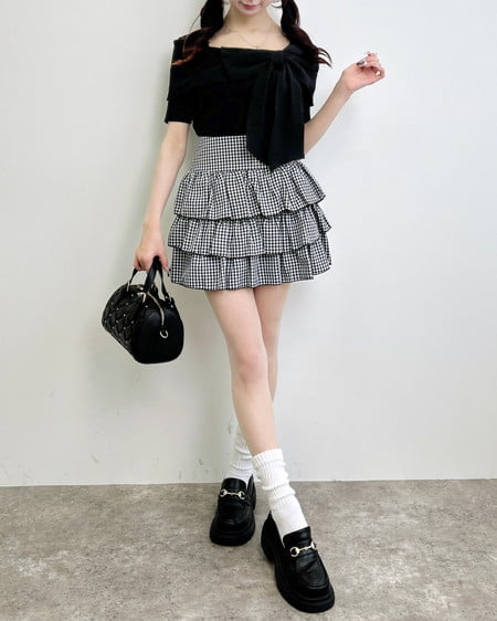 INGNI（イング） リボンオフショル半袖ニット ｸﾛ