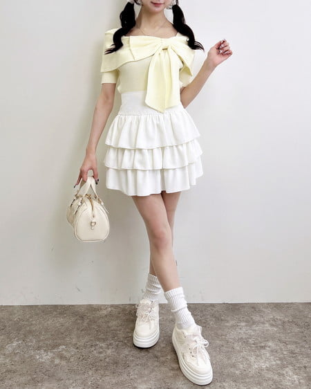 INGNI（イング） リボンオフショル半袖ニット ｲｴﾛｰ