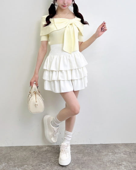 INGNI（イング） リボンオフショル半袖ニット ｲｴﾛｰ