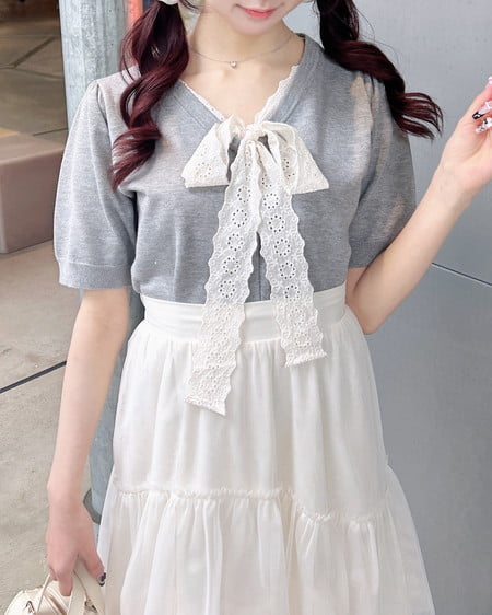 INGNI（イング） レースボウタイ半袖ニット ｸﾞﾚｰ