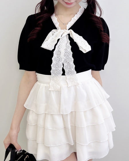 INGNI（イング） レースボウタイ半袖ニット ｸﾛ