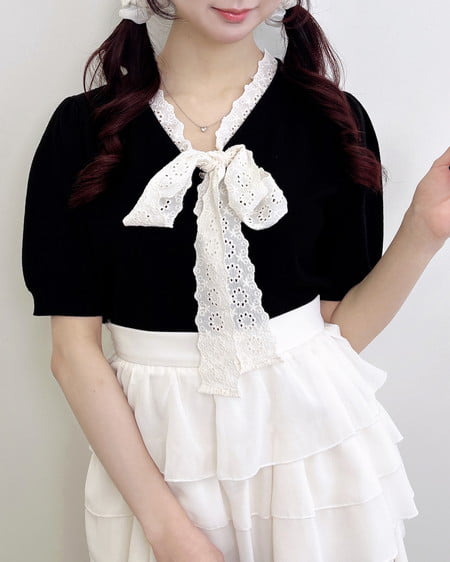 INGNI（イング） レースボウタイ半袖ニット ｸﾛ