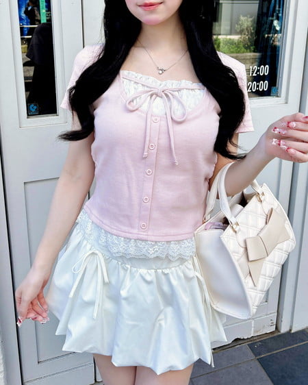 INGNI（イング） レースレイヤード風リボン付きリブトップス ﾗｲﾄﾋﾟﾝｸ