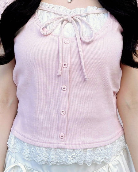 INGNI（イング） レースレイヤード風リボン付きリブトップス ﾗｲﾄﾋﾟﾝｸ