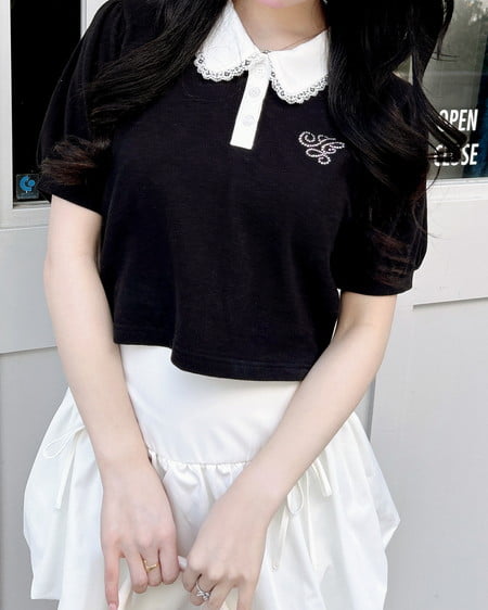 INGNI（イング） 襟レース付胸ロゴポロシャツ ｸﾛ