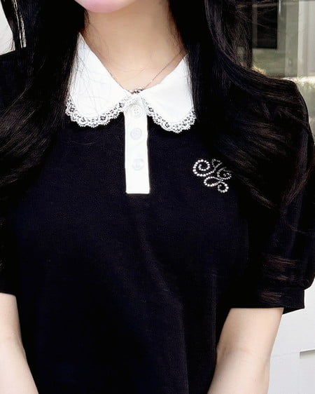 INGNI（イング） 襟レース付胸ロゴポロシャツ ｸﾛ