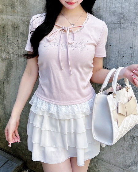 INGNI（イング） リボン付レース出しラインストーンロゴトップス ﾗｲﾄﾋﾟﾝｸ