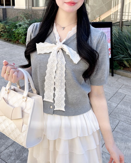 INGNI（イング） レースボウタイ半袖ニット ｸﾞﾚｰ