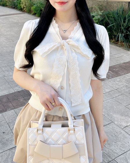 INGNI（イング） レースボウタイ半袖ニット ｱｲﾎﾞﾘｰ