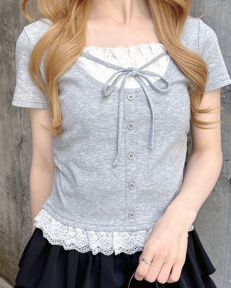 INGNI（イング） レースレイヤード風リボン付きリブトップス ｸﾞﾚｰ