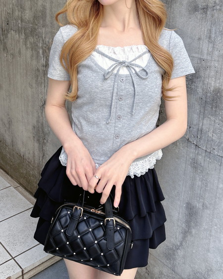 INGNI（イング） レースレイヤード風リボン付きリブトップス ｸﾞﾚｰ