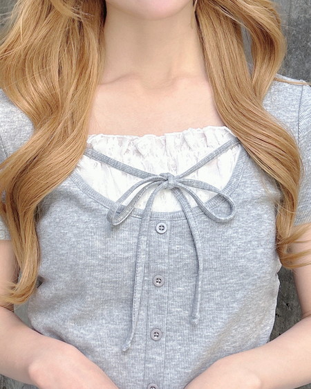 INGNI（イング） レースレイヤード風リボン付きリブトップス ｸﾞﾚｰ