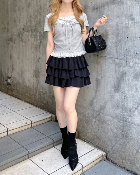 INGNI（イング） レースレイヤード風リボン付きリブトップス ｸﾞﾚｰ