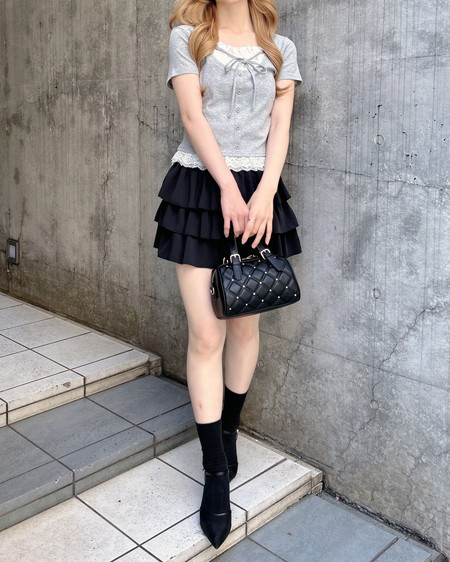 INGNI（イング） レースレイヤード風リボン付きリブトップス ｸﾞﾚｰ