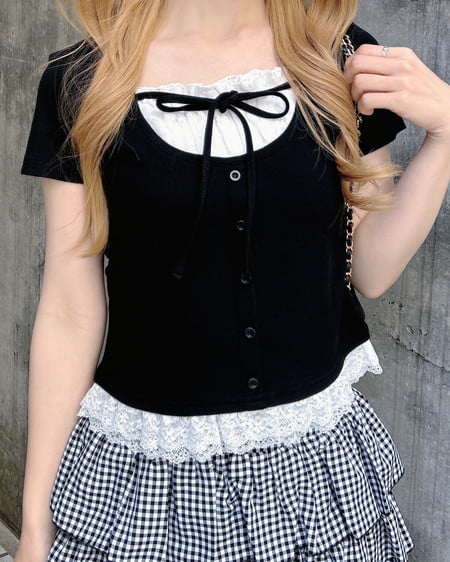 INGNI（イング） レースレイヤード風リボン付きリブトップス ｸﾛ