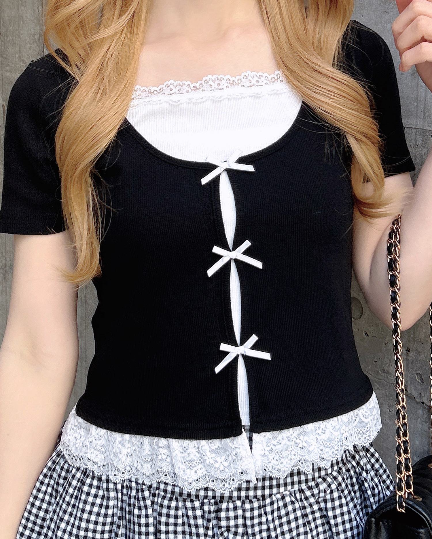 レイヤード前リボンリブトップス