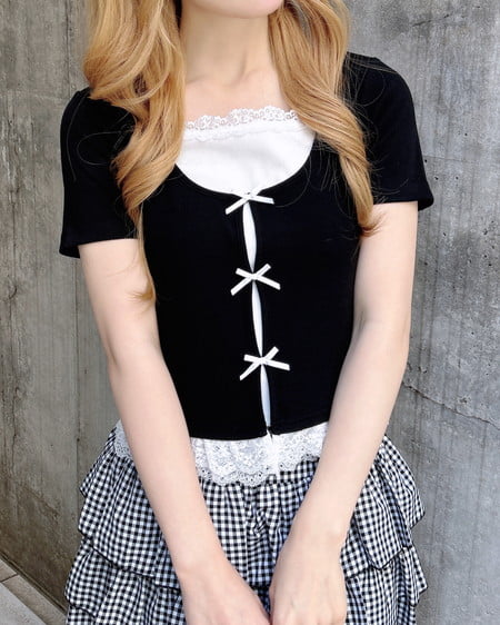 INGNI（イング） レイヤード前リボンリブトップス ｸﾛ